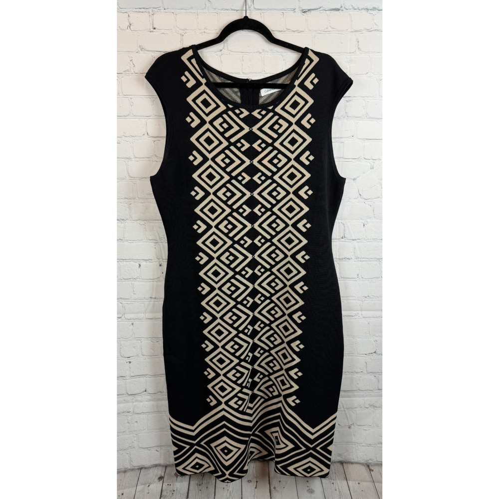 CALVIN KLEIN black beige geometric contrast sheath bodycon sleeveless knit dress